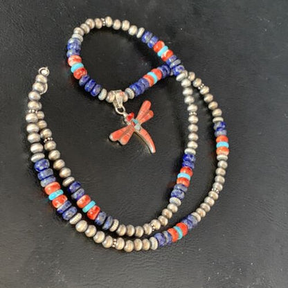 Navajo Dragonfly Pendant | Sterling Silver Turquoise Coral Multi-Color Inlay | Authentic Native American Handmade | 13510 - Masha USA