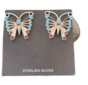 Native American Zuni Sterling Silver Inlay Earrings | Turquoise Coral Mother of Pearl | 1085