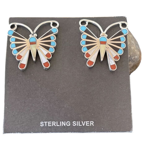 Native American Zuni Sterling Silver Inlay Earrings | Turquoise Coral Mother of Pearl | 1085