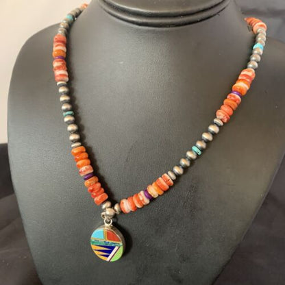 Multi-Color Turquoise & Spiny Oyster Inlay Necklace Pendant | Navajo Sterling Silver | Authentic Native American Handmade | 12721