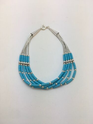 Blue Turquoise Heishi Liquid Silver Bracelet | Sterling Silver | 7" | 5-Strand | 13596
