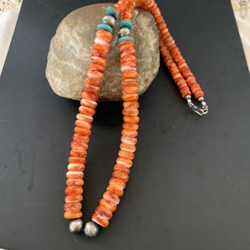 Navajo Pearls Sterling Necklace | Red Spiny Oyster & Turquoise Pendant | 24" | 11327