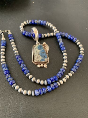 Men's Navajo Pearls Lapis Necklace with Azurite Pendant | Sterling Silver | Authentic Native American Handmade | 01931