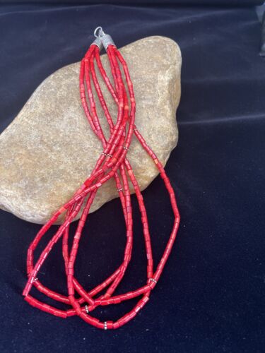 Native American Red Stabilized Coral Tubes Necklace | Sterling Silver | 18" | 1749