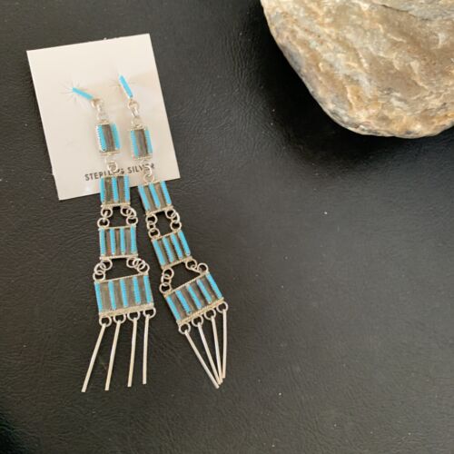 Zuni Handmade Kingman Turquoise Needle Point Dangle Earrings | Sterling Silver | 12123