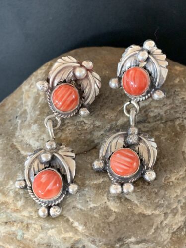 Native American Handmade Navajo Red Spiny Oyster Dangle Earrings | Sterling Silver | 2061