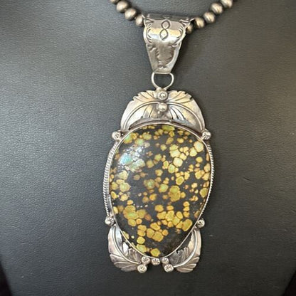 Navajo Green Spiderweb Turquoise Pendant Necklace | Sterling Silver Beads | Authentic Native American Handmade | 14806