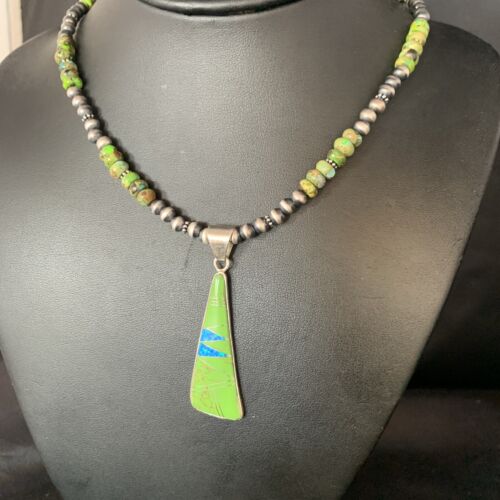 Navajo Green Turquoise Gaspeite Inlay Necklace | Sterling Silver | Authentic Native American Handmade | 13808