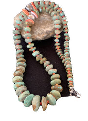 Authentic Native American Navajo Necklace | Sterling Silver | Green Turquoise & Spiny Oyster | 32" | 01669