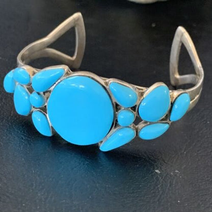 Navajo Sterling Silver Blue Kingman Turquoise Cuff Bracelet | 13 Stone | Authentic Native American Handmade | 12692