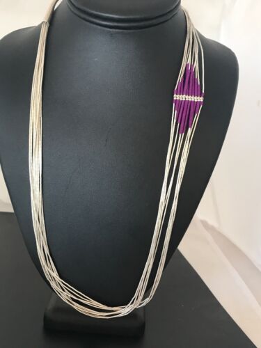 Native American Sugilite Heishi Tubes Necklace | 10 Strand Liquid Sterling Silver | 8561