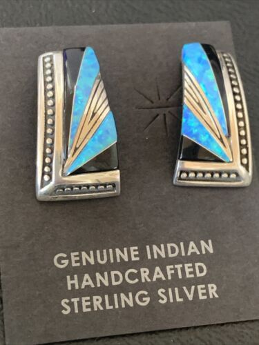 Navajo Turquoise Opal Onyx Inlay Earrings | Sterling Silver | Authentic Native American Handmade | 12115