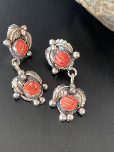 Native American Handmade Navajo Red Spiny Oyster Dangle Earrings | Sterling Silver | 2061