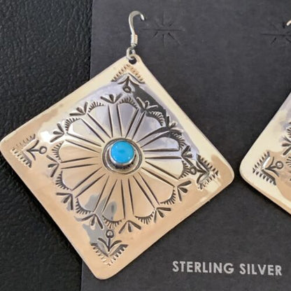 Navajo Blue Turquoise Earrings | Stamped Sterling Silver | Authentic Native American Handmade | 13321