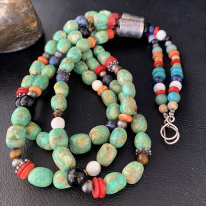 Multi-Color Green Turquoise Spiny Lapis Necklace | 3-Strand Sterling Silver | 13953