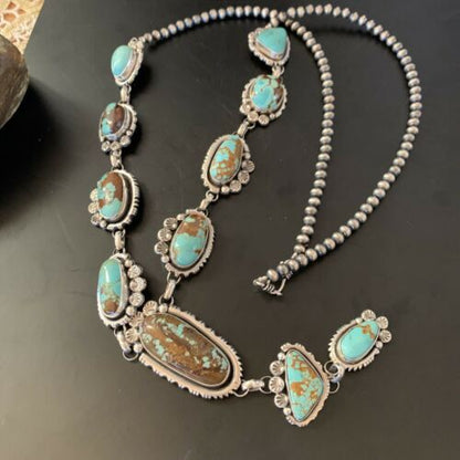 Navajo Blue Turquoise Lariat Necklace | Sterling Silver | Authentic Native American Handmade | 11468