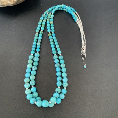 Navajo Blue Turquoise Bead Necklace | Sterling Silver | 25" | Authentic Native American Handmade | 11665 - Masha USA