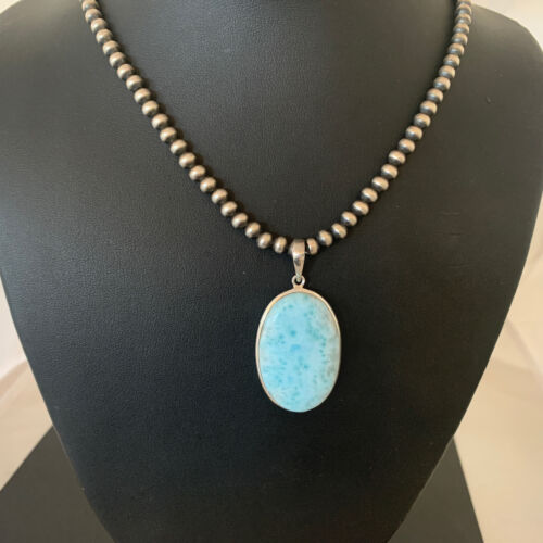 Navajo Blue Larimar Pendant Beads Necklace | Sterling Silver | Authentic Native American Handmade | 1763 - Masha USA