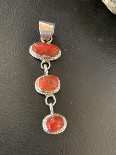 Navajo Red Coral Multi-Stone Necklace Pendant | Authentic Native American Sterling Silver | Multi-Stone | 13245