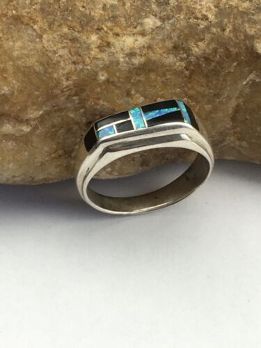 Native American Men's Navajo Opal & Black Onyx Inlay Ring | Sterling Silver | Sz 10 | 1600