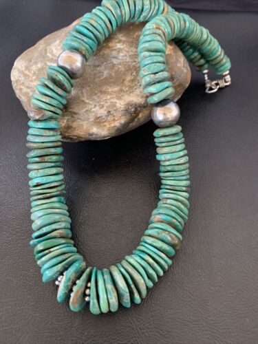 Navajo Green Turquoise Necklace | Graduated Sterling Silver | 19" | Authentic Native American Handmade | 11705 - Masha USA