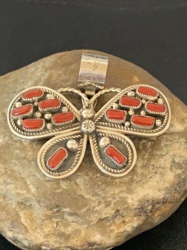 Navajo Red Coral Butterfly Pendant | Authentic Native American Sterling Silver | Multi-Stone | 1.5" | 1998