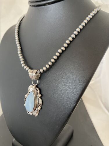 Native American Men's Necklace | Navajo Sterling Silver Beads with Blue Larimar Pendant | 01364