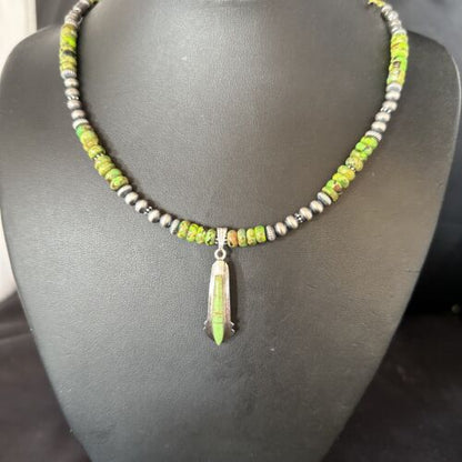 Navajo Green Turquoise Pendant Necklace | Sterling Silver | 22" | Authentic Native American Handmade | 14612