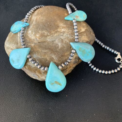 Navajo Teardrop Blue Turquoise Necklace | Sterling Silver Pearls | 20" | Authentic Native American Handmade | 13957