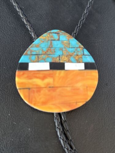 Men's Bolo Tie | Turquoise & Orange Spiny Oyster | Sterling Silver Tips | 14628