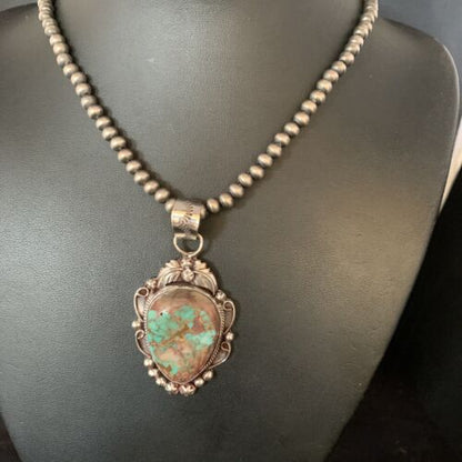 Men's Navajo Green Royston Turquoise Pendant Necklace | Sterling Silver | Authentic Native American Handmade | 13662 - Masha USA
