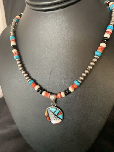 Zuni Multi-Color Turquoise Onyx Necklace | Sterling Silver Inlay Pendant | Authentic Native American Handmade | 13800