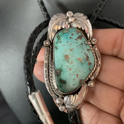 Navajo Green Royston Turquoise Bolo Tie | Sterling Silver | Authentic Native American Handmade | 14110