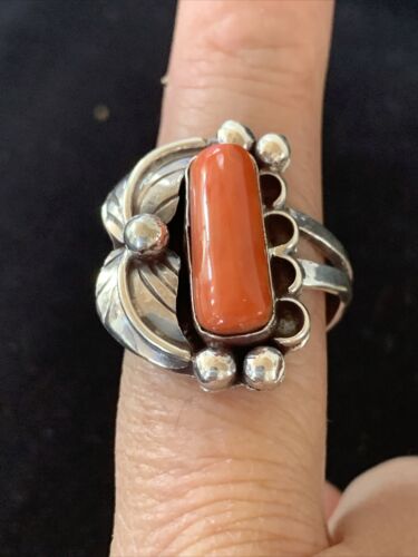 Navajo Red Coral Ring | Sterling Silver | Sz 9.5 | Authentic Native American Handmade | 01300