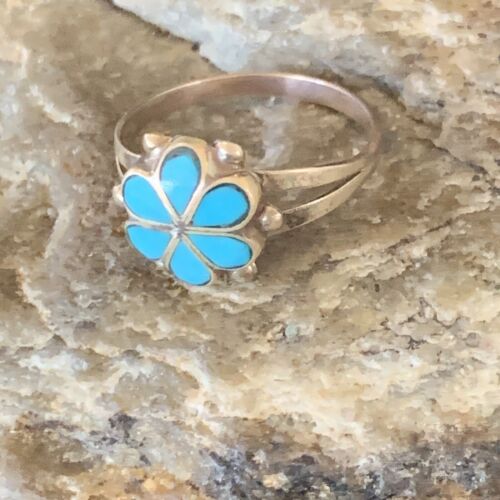 Zuni Blue Turquoise Cluster Ring | Sterling Silver Inlay | Sz 7.5 | Authentic Native American | 12945