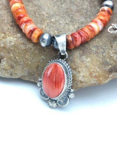 Navajo Orange Spiny Oyster Pendant Necklace | Sterling Silver Beads | Authentic Native American Handmade | 2689 - Masha USA