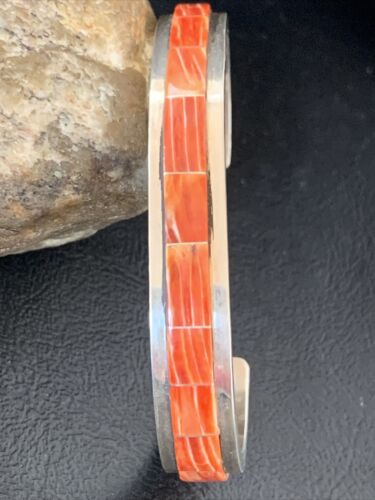 Navajo Native American Red Spiny Oyster Inlay Bracelet | Sterling Silver | Authentic Handmade | 1166
