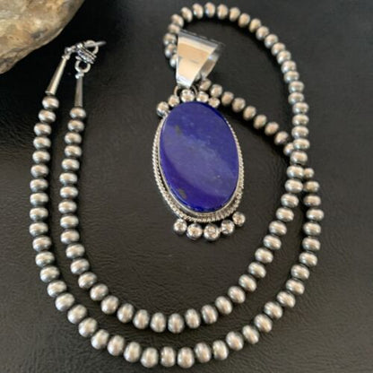 Native American Navajo Blue Lapis Pendant Necklace | Sterling Silver | Authentic Handmade | 11678 - Masha USA