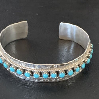 Native American Zuni Blue Turquoise Cuff Bracelet | Sterling Silver Handmade | 12694 - Masha USA