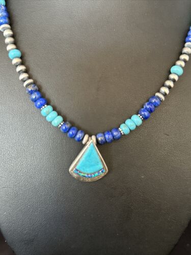 Navajo Blue Turquoise Lapis Inlay Pendant Necklace | Sterling Silver | Authentic Native American Handmade | 14636