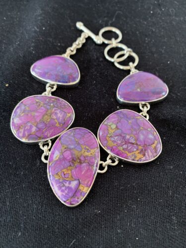 Navajo Purple Mojave Turquoise Link Bracelet | Sterling Silver | 9" | Authentic Native American Handmade | 664