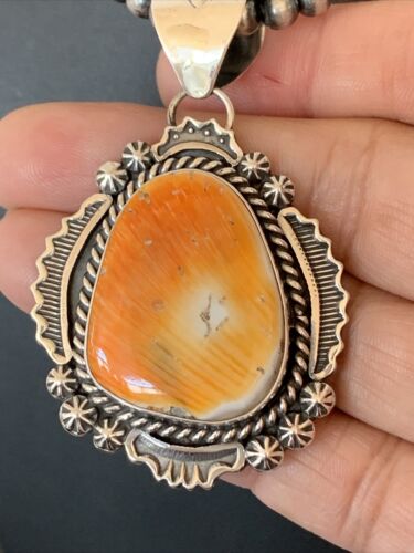 Navajo Orange Spiny Oyster Pendant Necklace | Sterling Silver Pearls | Authentic Native American Handmade | 00777