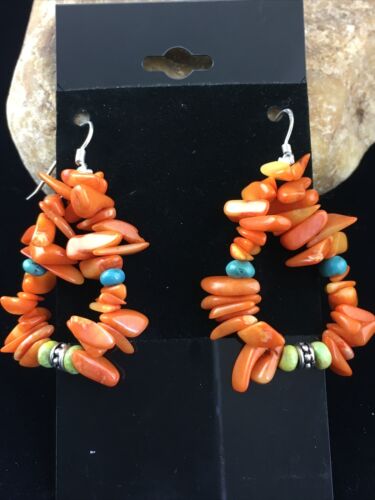 Navajo Orange Coral Turquoise Earrings Set | Sterling Silver | Authentic Native American Handmade | 1784
