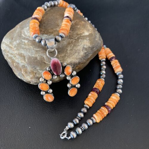 Navajo Sterling Silver Necklace | Orange Spiny Oyster Cluster Naja Pendant | 13165