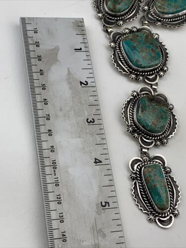 Navajo Sterling Silver Lariat Necklace with Royston Turquoise Squash Pendant | 01546