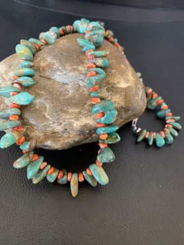 Navajo Green Turquoise and | Red Spiny Oyster Necklace | Sterling Silver | Authentic Native American Handmade | 21" | 13222