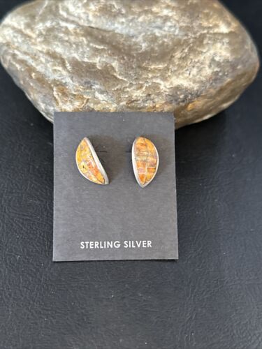 Navajo Orange Spiny Oyster Inlay Earrings | Sterling Silver | Authentic Native American Handmade | 14789