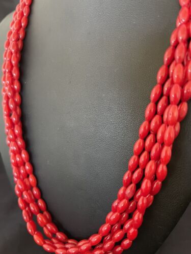Navajo Red Coral 5-Strand Necklace | Sterling Silver Barrel Beads | 22" | Authentic Native American Handmade | 10438