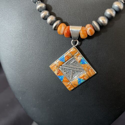 Navajo Pearls Sterling Silver Necklace | Orange Spiny Oyster Opal Inlay Pendant | 11383