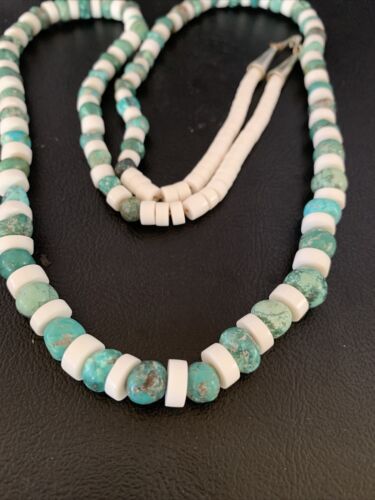 Authentic Native American Santo Domingo Necklace | Blue Turquoise & White Shell Beads | 34" | 13198